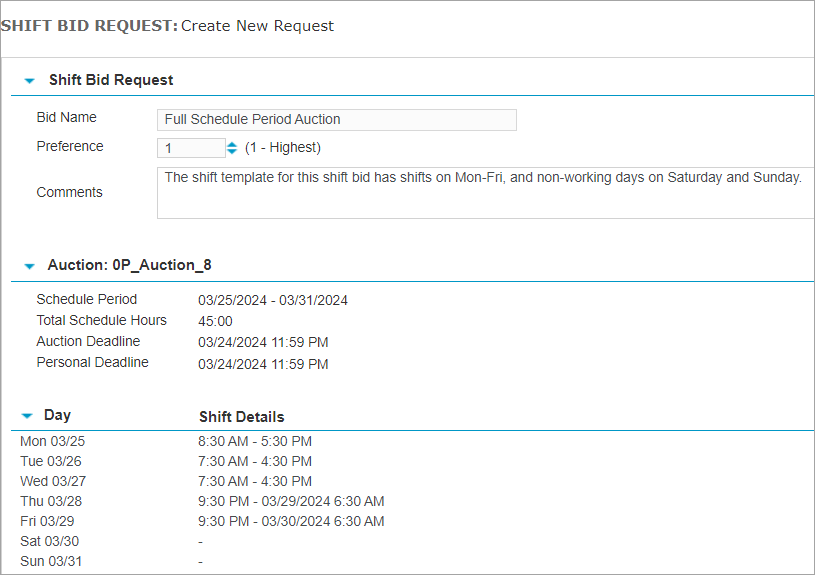 Full Schedule Period Auction - Shift Bid Request Form