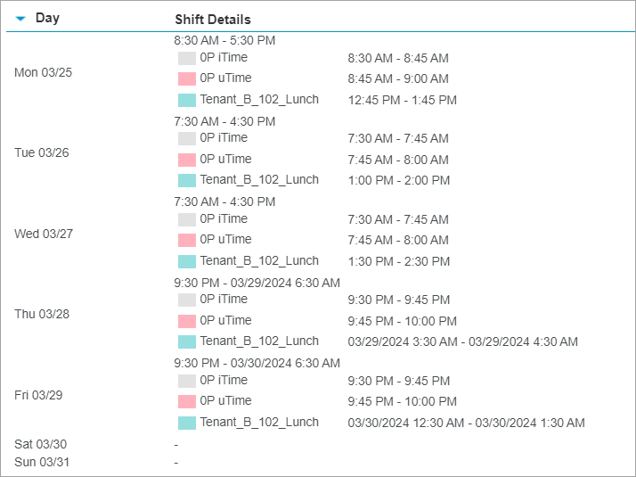 Full Schedule Period - Shift Details