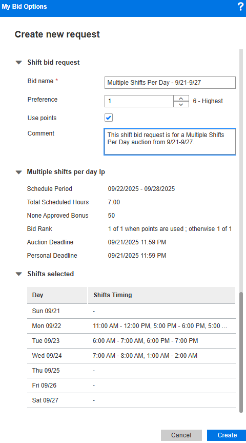 Submit single shift bid request for Multiple Shifts per Day auction (WCAG)