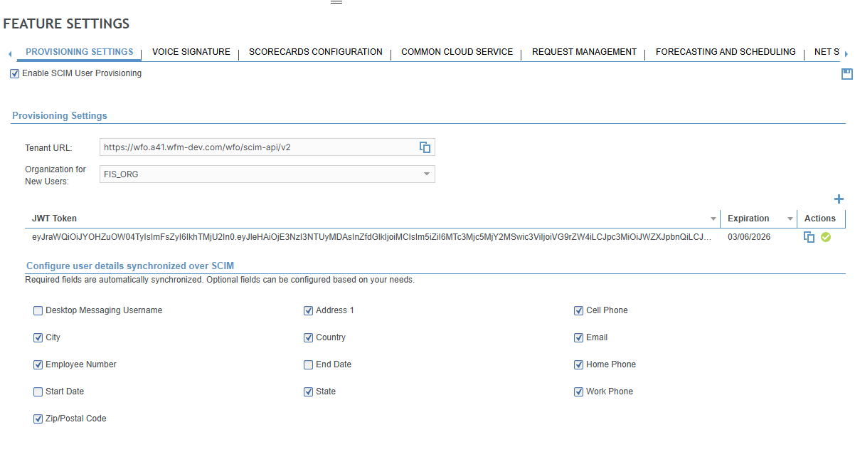 Provisioning settings page